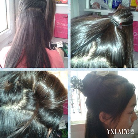 3.重复步骤2，然后把发尾编成辫子，再用发夹夹进发包里面.

4.插上簪子和头花就成功了。

有兴趣的MM们，赶紧试试吧，那样就可以穿汉服啦！！！