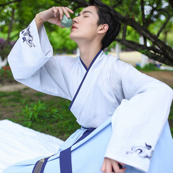 重回汉唐锦瑟 原创日常汉服男绣花交领衣裳传统cp情侣装春秋款
