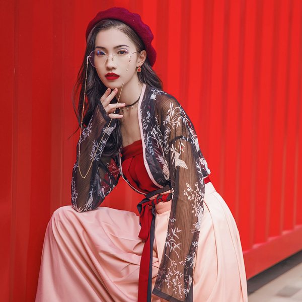 汉尚华莲日常时尚风传统汉服女装窄袖对襟襦裙齐腰春夏款仙鹤印花