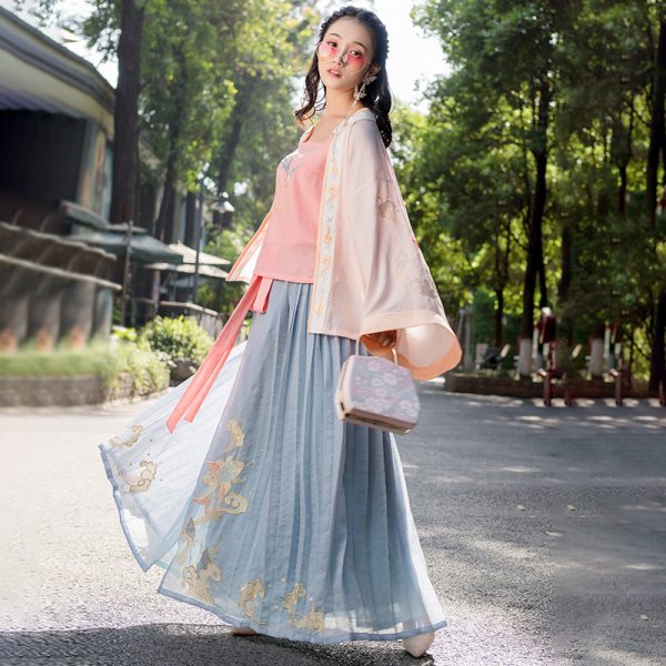 重回汉唐原创正品汉服女装青鸟飞鱼日常中国风对襟襦裙百迭裙夏装