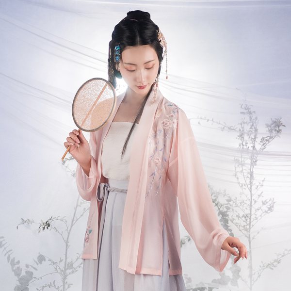 重回汉唐汉服夏装女暮雨日常非古装中国风刺绣雪纺短褙子抹胸宋裤