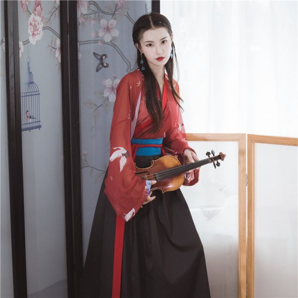 【盼鹤归】梨花渡时尚汉服女装日常齐腰襦裙交领清新仙鹤汉服红