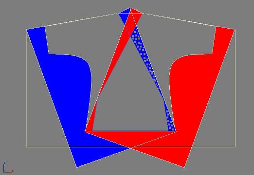 3、在重新折叠好的布料上画好裁剪线，（其实你可以拿一件自己穿的T恤盖在上面照着画就行了，只是注意袖子腋下的地方可能要加宽一点），然后剪好，上面左边那块布把红色地方剪掉，上面右边那块布把蓝色部分剪掉。如图：