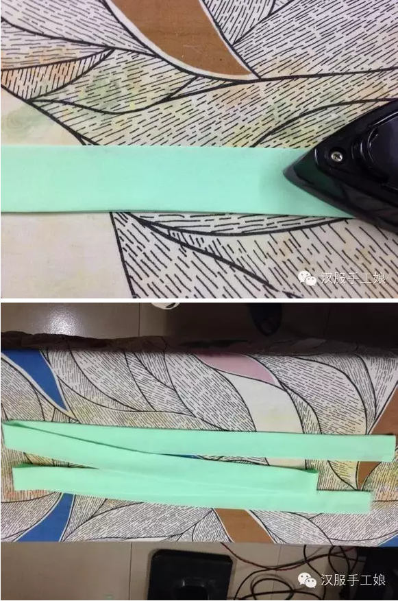 10、下面开始上裙头啦。先把裙子摆好，用之前撕下的那块布料来做裙头，把布料和裙子摆放好，然后剪出一条比车好的裙头两边长出15cm的布条（就是如果打好折的裙头是110cm，那么布条就要130cm左右）15cm乘130cm。