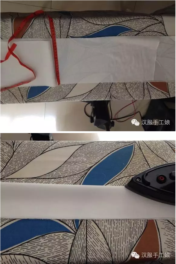 9、先用记号笔把领子中线画个点，两面都要做中线记号哦！然后把领子中线对着衣服后面的那条假中缝开始车到衣角，另一面也是要从领子中缝车到衣角哦！车好熨平。（注：上领子建议使用暗缝法，这样表面没有明线更美观。新手随意。）