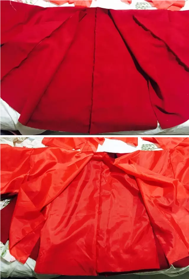 3、接下来就是上挂里了。手缝党就把内衬塞进去（注意毛边对毛边），把袖子、下摆等地方折进去，用暗缝法缝合。