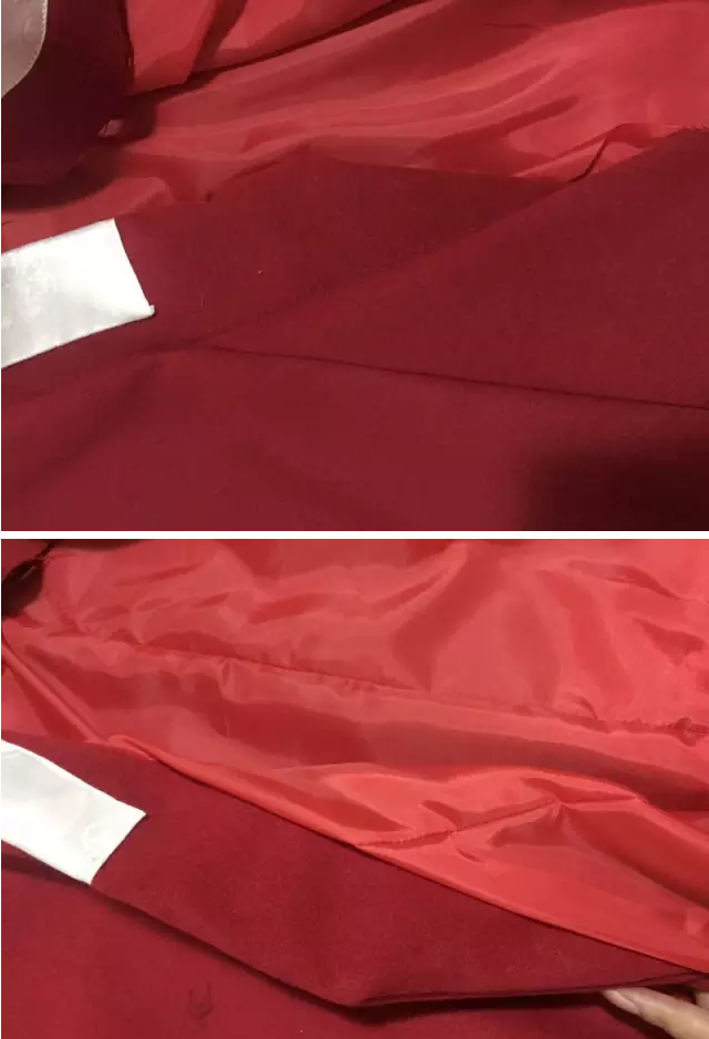 缝上之后把整件衣服从下摆处留的返口那里掏出来。再用手缝把返口缝好。（返口可以留在不同的地方，有人留在接袖那里，看个人喜好）

6、为什么第一步裁剪时内衬袖长和衣长要比外层短1cm呢？是为了缝合之后外层能够被带的折进去一点。否则内衬很容易露出来，特别难看，尤其是我买的这种毛呢专用里子布，滑不溜秋的，最容易露出来了。袖子那里同理。