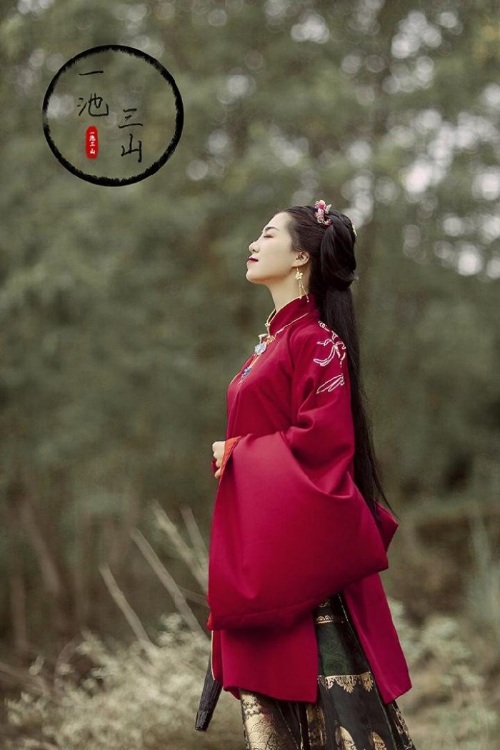 图片动态：明制立领斜襟双层刺绣长袄（红色 豆绿色）
织金马面裙（墨绿色-图片1