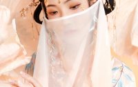 汉尚华莲池羽汉服女配饰面纱面帘刺绣钉珠渐变系带中国风头饰百搭