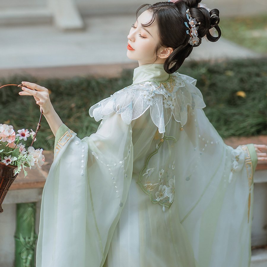 钟灵记 晚来风:云肩 斜襟长衫百褶裙配宋抹吊带主腰汉服女春夏